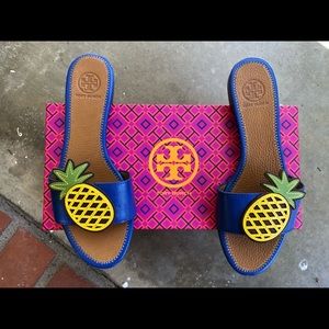 Tory Burch Pineapple Flat Slide Sandals 7 Leather